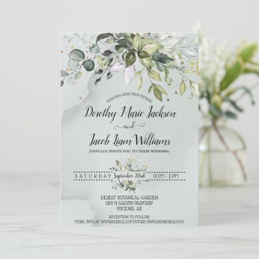 水エレガント色ユーカリ緑結婚草 招待状 (スタンド正面)