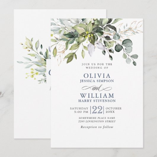 水エレガント色ユーカリ緑結婚草 招待状 (正面/裏面)