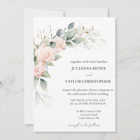 水エレガント色ユーカリ緑結婚草 招待状 (正面)