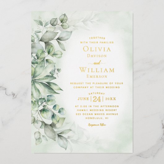 水エレガント色ユーカリ金箔結婚ズ 箔招待状 (正面)