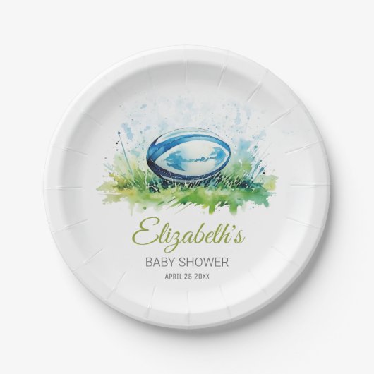 水エレガント色ラグビー赤ちゃんシャワー ペーパープレート (正面)