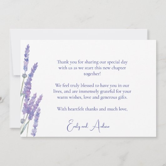 水エレガント色ラベンダーの花結婚の サンキューカード (裏面)