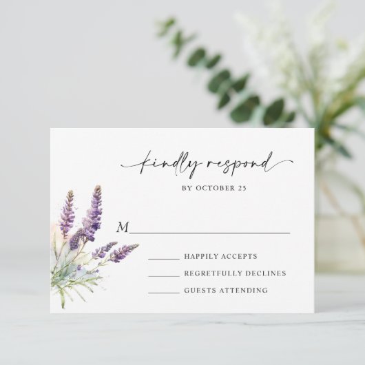 水エレガント色ラベンダーの花結婚の 出欠カード (スタンド正面)
