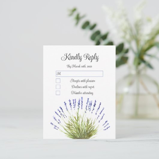 水エレガント色ラベンダーハーブ結婚フローラR 出欠カード (スタンド正面)