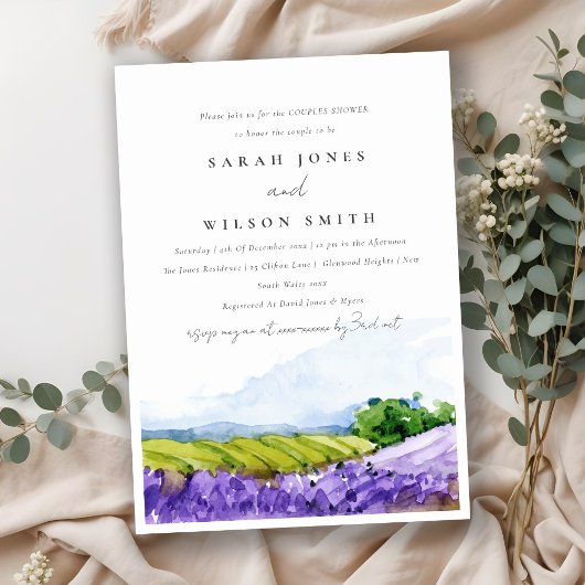 水エレガント色ラベンダーフィールドカップルのシャワー 招待状