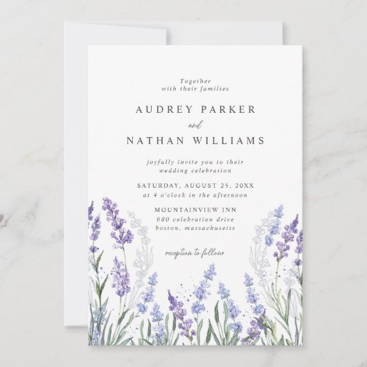 水エレガント色ラベンダーフィールド詳細結婚ズ 招待状 (正面)