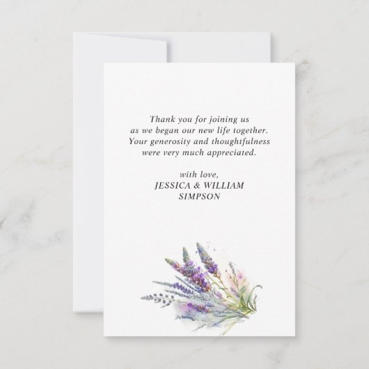 水エレガント色ラベンダーフラワーズフィー結婚ルド サンキューカード (裏面)