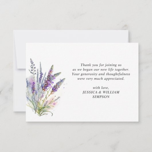 水エレガント色ラベンダーフラワーズフィー結婚ルド サンキューカード (裏面)
