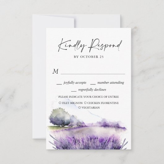 水エレガント色ラベンダーフラワーズフィー結婚ルド 出欠カード (正面)