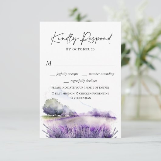 水エレガント色ラベンダーフラワーズフィー結婚ルド 出欠カード (スタンド正面)