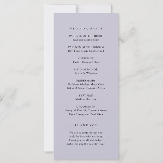 水エレガント色ラベンダーフラワー結婚式 プログラム (裏面)