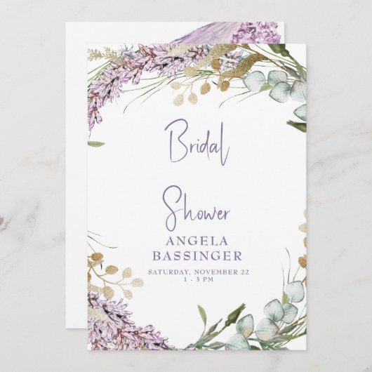 水エレガント色ラベンダーフローラブライダルシャワー 招待状 (正面/裏面)