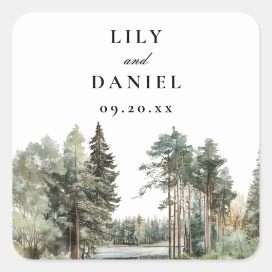 水エレガント色レイクフォレストウッドランド結婚ズ スクエアシール (正面)