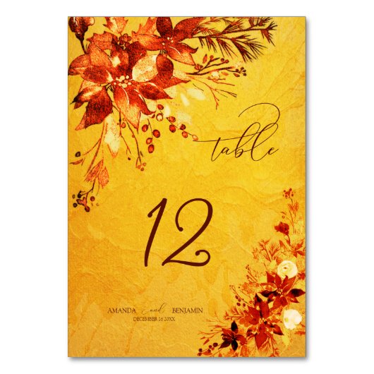 水エレガント色レッドと金ゴールドポインセチア結婚ズ テーブルナンバー (正面)