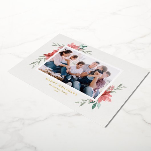 水エレガント色レッドポインセティアスハッピーホリデイズ 箔シーズンカード (回転した状態)