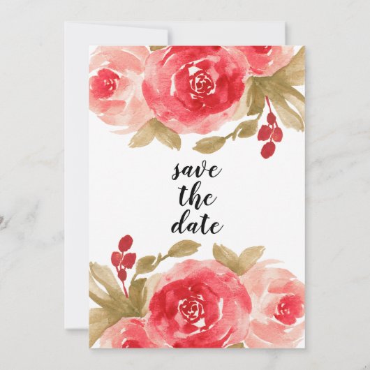水エレガント色レッドローズウェディング日付を保存 招待状 (裏面)