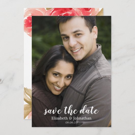 水エレガント色レッドローズウェディング日付を保存 招待状 (正面/裏面)