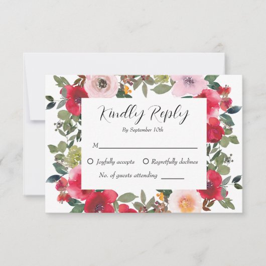 水エレガント色レッドローズ結婚フローラ 出欠カード (正面)
