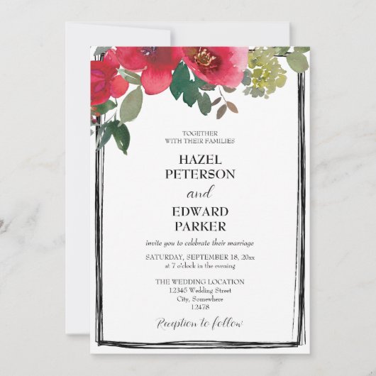 水エレガント色レッドローズ結婚フローラ 招待状 (正面)