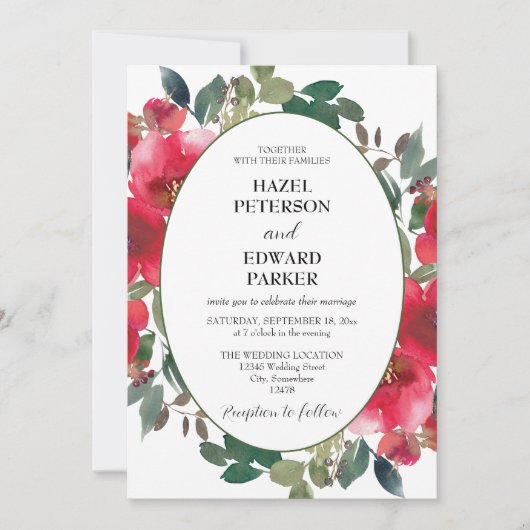 水エレガント色レッドローズ結婚フローラ 招待状 (正面)