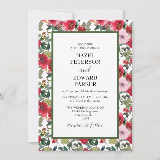 水エレガント色レッドローズ結婚フローラ 招待状 (正面)