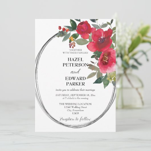 水エレガント色レッドローズ結婚フローラ 招待状 (スタンド正面)