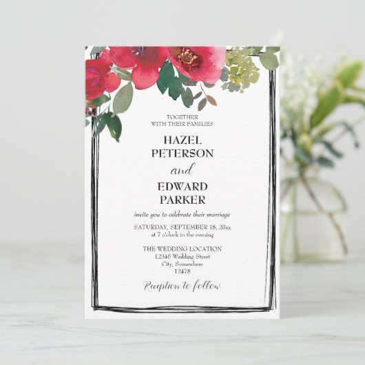 水エレガント色レッドローズ結婚フローラ 招待状 (スタンド正面)