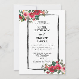 水エレガント色レッドローズ結婚フローラ 招待状