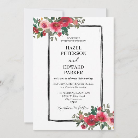 水エレガント色レッドローズ結婚フローラ 招待状 (正面)