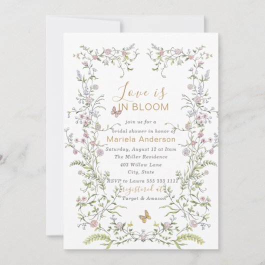 水エレガント色レトロゴールデンフラワーズブライダルSh 招待状 (正面)