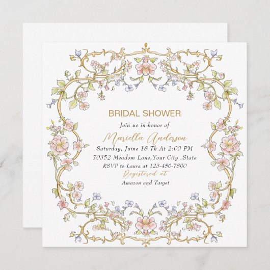 水エレガント色レトロ花フレームブライダル表示 招待状 (正面/裏面)