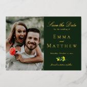 水エレガント色レモンフォトダークグリーン 箔招待状 (正面)