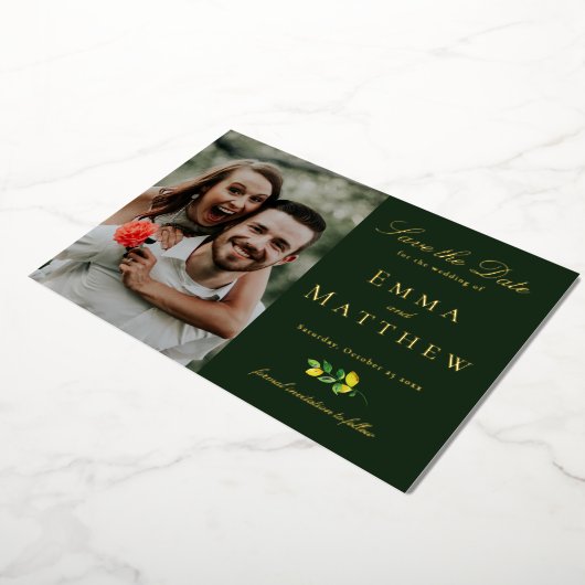水エレガント色レモンフォトダークグリーン 箔招待状 (回転した状態)