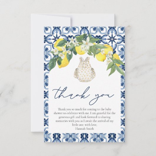 水エレガント色レモンポジターノベビーシャワー サンキューカード (正面)