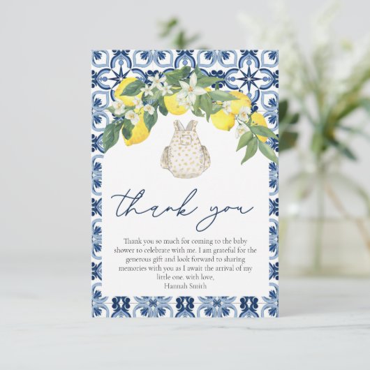 水エレガント色レモンポジターノベビーシャワー サンキューカード (スタンド正面)