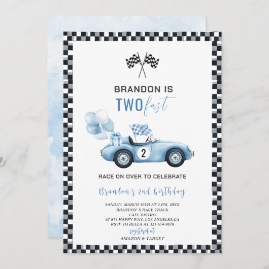 水エレガント色レースカー2nd誕生日パーティー 招待状 (正面/裏面)