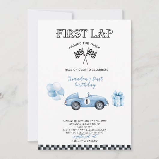水エレガント色レース車の最初の誕生日パーティー 招待状 (正面)