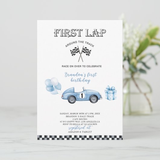 水エレガント色レース車の最初の誕生日パーティー 招待状 (スタンド正面)