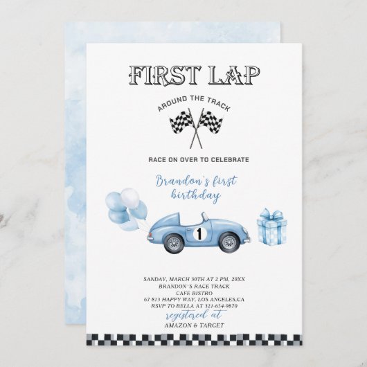 水エレガント色レース車の最初の誕生日パーティー 招待状 (正面/裏面)