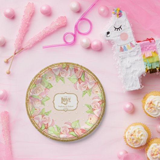 水エレガント色ローズブーケフローラピンク金ゴールド ペーパープレート (パーティー)