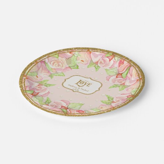 水エレガント色ローズブーケフローラピンク金ゴールド ペーパープレート (アングル)