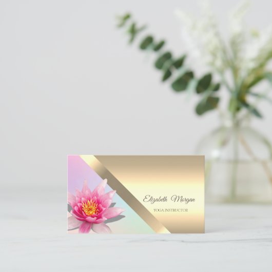 水エレガント色ロータスフラワーヨガインストラクター 名刺 (スタンド正面)