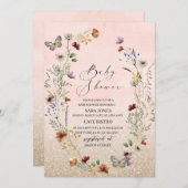 水エレガント色ワイルドフラワーと蝶の花 招待状 (正面/裏面)