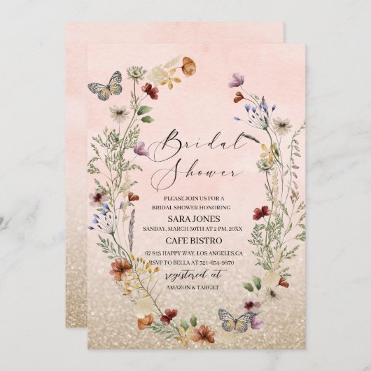 水エレガント色ワイルドフラワーと蝶の花 招待状 (正面/裏面)