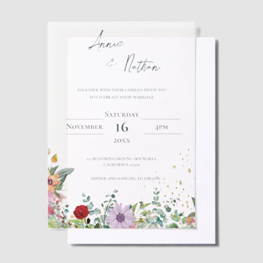 水エレガント色ワイルドフラワーシックフローラ結婚ズ ベラム紙招待状 (オフセット)