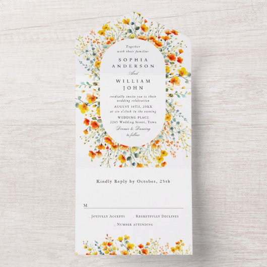 水エレガント色ワイルドフラワーズ結婚フローラ オールインワン招待状 (内側)