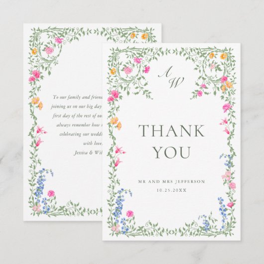 水エレガント色ワイルドフラワーズ結婚フローラ サンキューカード (正面/裏面)