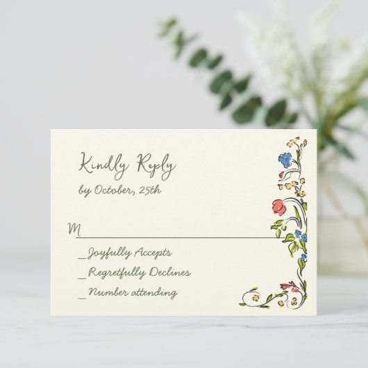 水エレガント色ワイルドフラワーズ結婚フローラ 出欠カード (スタンド正面)