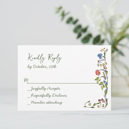水エレガント色ワイルドフラワーズ結婚フローラ 出欠カード (スタンド正面)