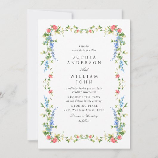 水エレガント色ワイルドフラワーズ結婚フローラ 招待状 (正面)